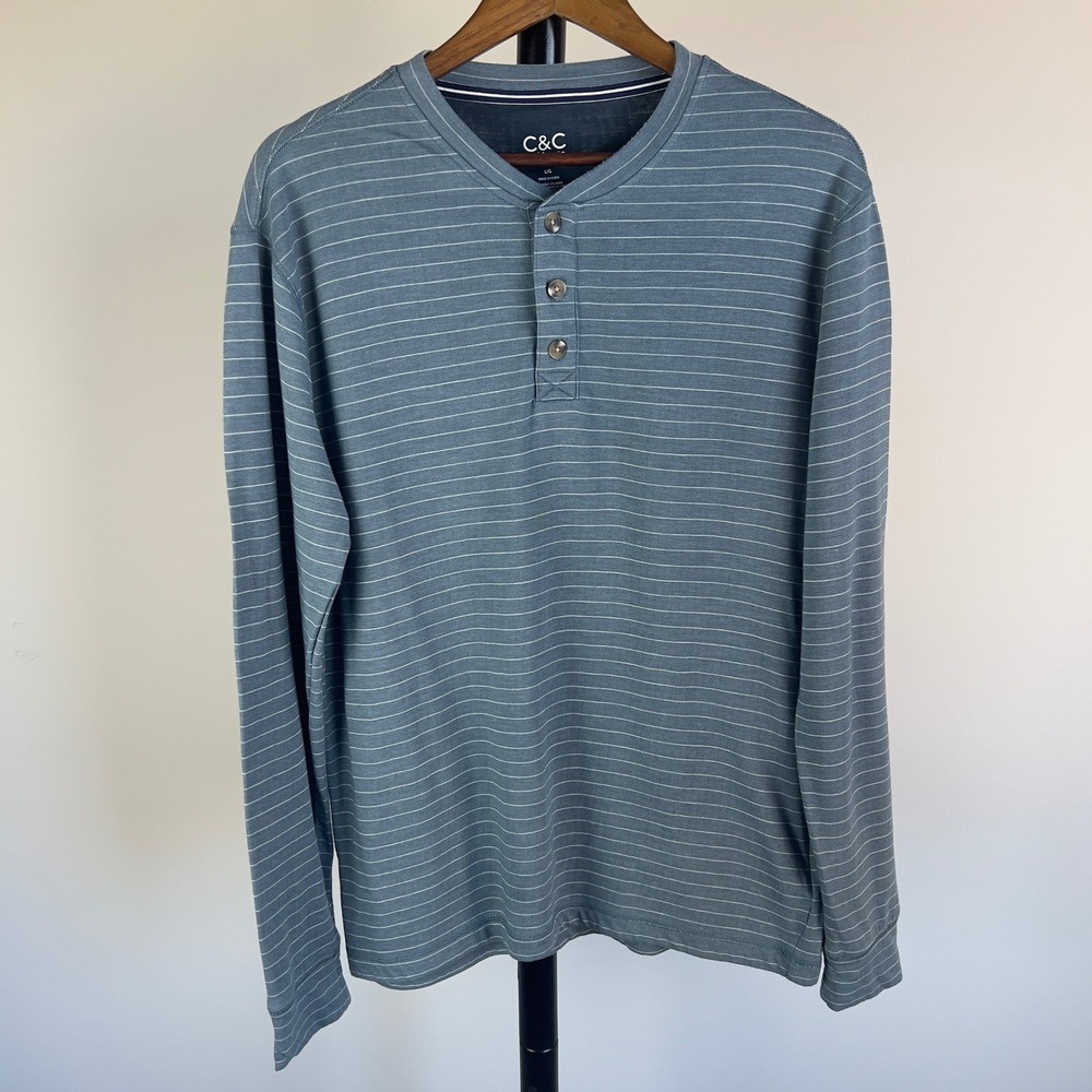 C&C California Mens Large Blue Striped Long Sleeve Henley Shirt Rayon Blend